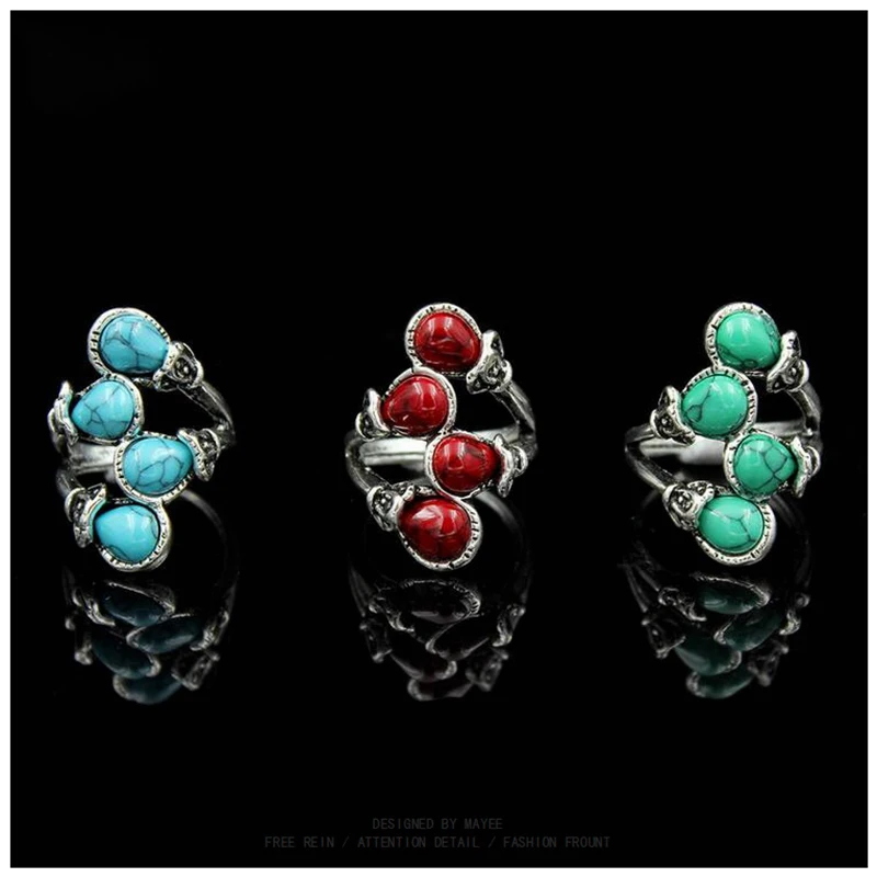 Fashion Bohemia Calaite Stone Rings Tibet Antique Silver Color Rings Alloy Carving Rings Leaf Branch Finger Rings For Women