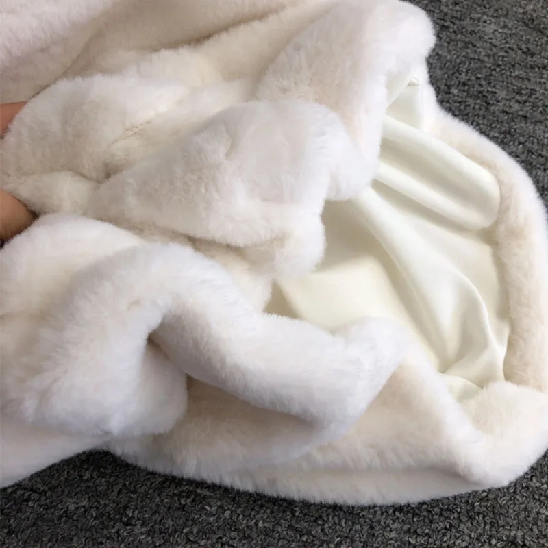 Moving Ears Korean Faux Rabbit Fur Plush Coat Women Winter Thick Furry Jacket Biker Woman White Hooded Pocket Oversized Shelter