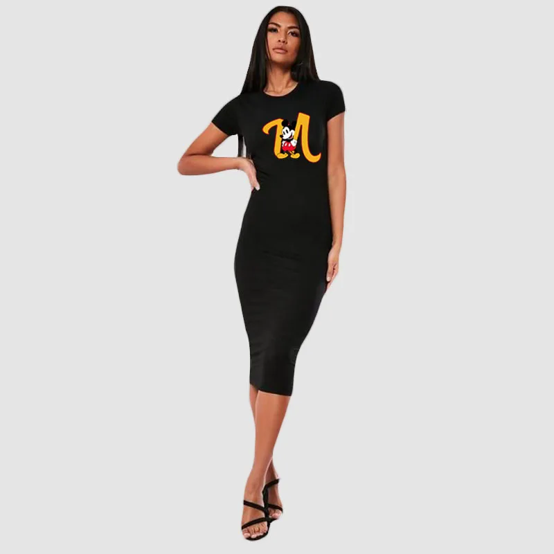 

Sexy Disney Dress Mickey Mouse Printing Letter Short Sleeve Brown Women Dresses Vintage Club Bodycon Robe Femme Elegant Vestidos