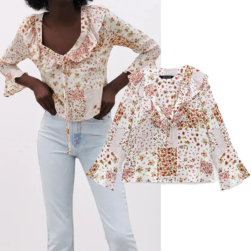 

WESAY JESI Women's Blouse 2021 Spring New Floral Long-sleeved V-neck Short Blouse Suit Pullover Fashion Retro Temperament Wear