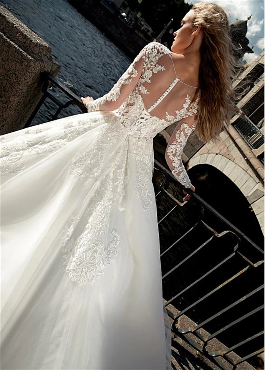 Custom Made White Tulle Wedding Gowns Decorated With Beading Applique Lace Dress Long Sleeve vestido de noiva Bride Dre | Свадьбы и
