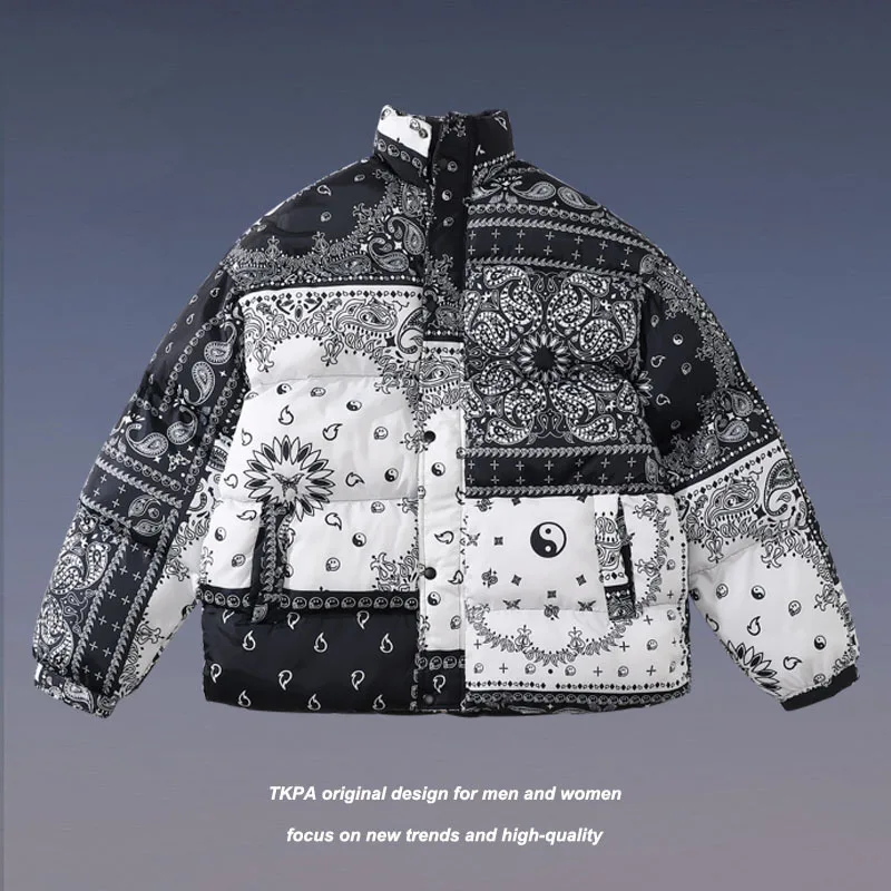 

Hip Hop Winter Parkas Men Streetwear Retro Cashew Flowers Splicing Oversized Outwear Mens Harajuku Warm Loose Thick Coat Couples