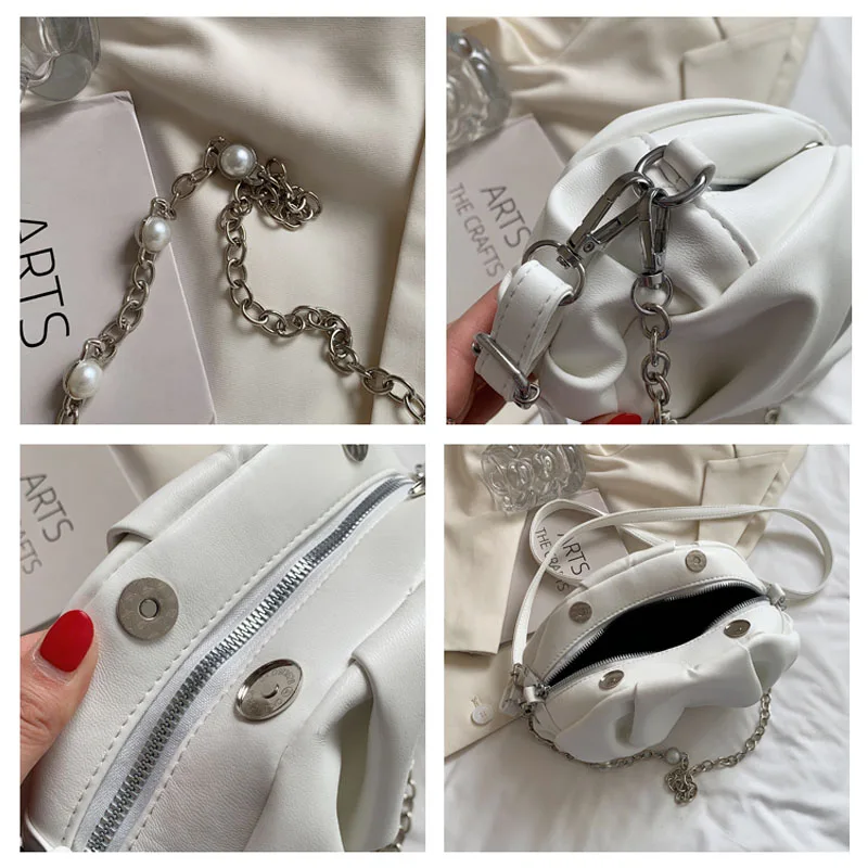 

Solid Color Shoulder Bag Fashion Chain Crossbody Bag Women Cloud Underarm Package Handbags Pleated PU Leather Phone Pack Purse