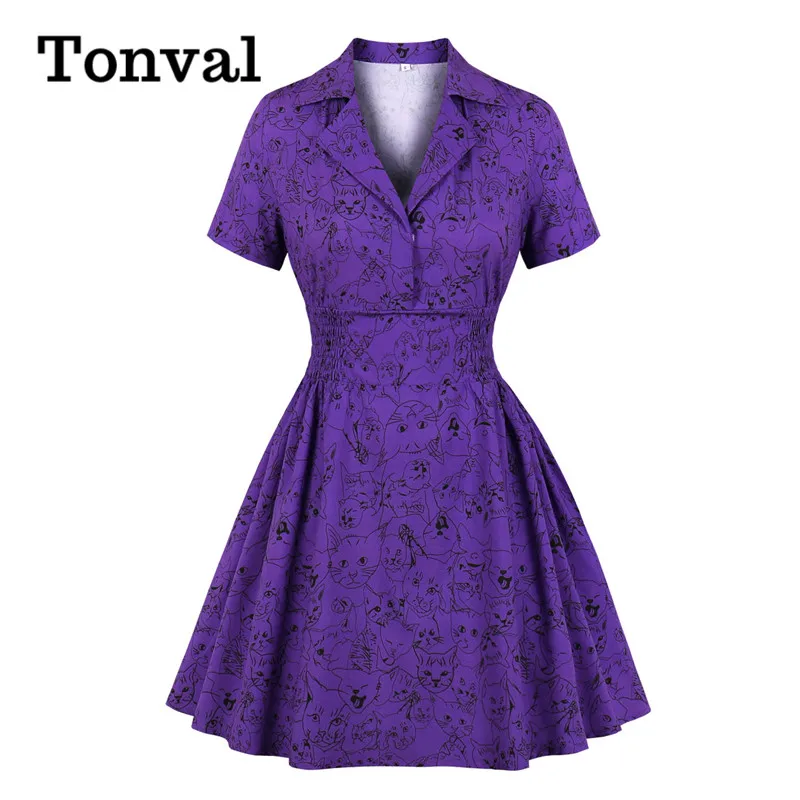 

Женское винтажное платье-мини Tonval, летнее фиолетовое платье с отложным воротником и высокой талией, платье с принтом кота и коротким рукаво...