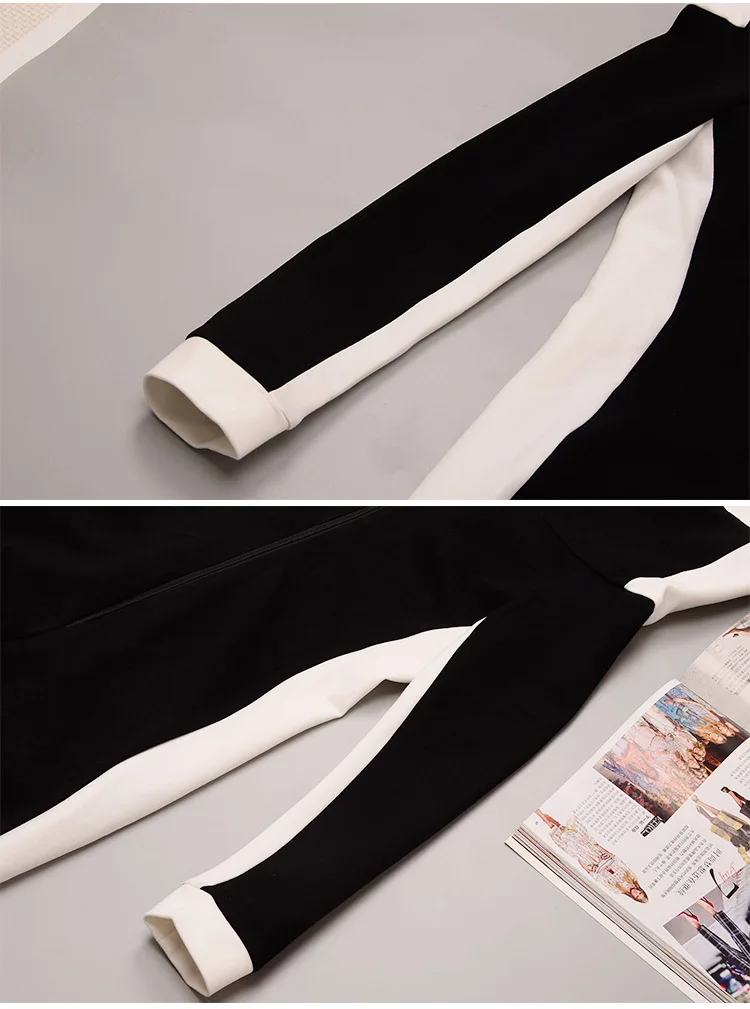 

2018 Fall and Winter Black-and-White Elegent Dress Women Off Shoulder Patchwork Slim Mid-Calf Length Plus Size Party Dress