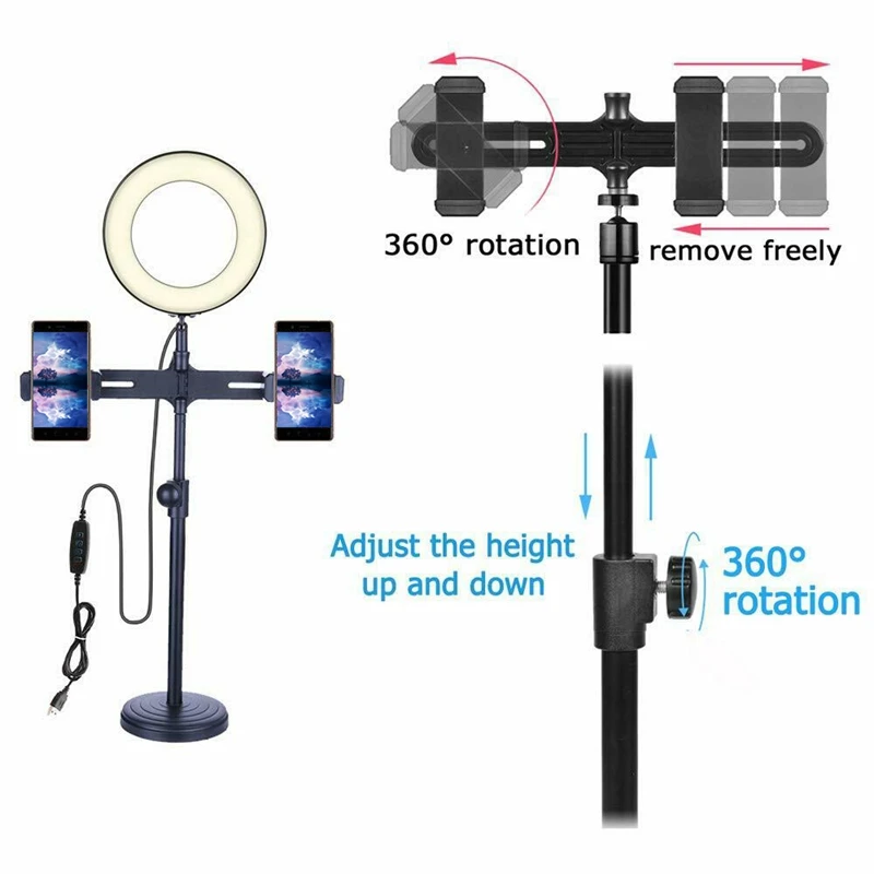 Светодиодная кольцевая лампа для фотосъемки с двойной подставкой iPhone селфи