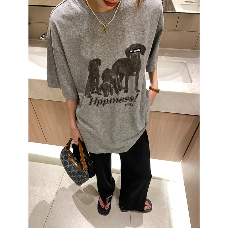 Повседневная футболка с надписью Dog женский свободный тонкий топ коротким