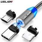 Кабель USLION Micro USB для быстрой зарядки и передачи данных, провод, магнитный USB-кабель для iPhone 12, 11, Xiaomi, Samsung, кабель типа C, светодиодный