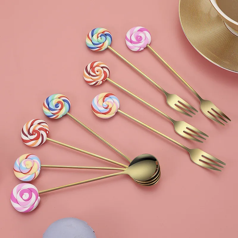 

Lollipop Design 304 Stainless Steel Coffee Spoon Fruit Fork Stirring Sugar Teaspoon Dessert Fruit Scoop Kitchen Tableware 14cm