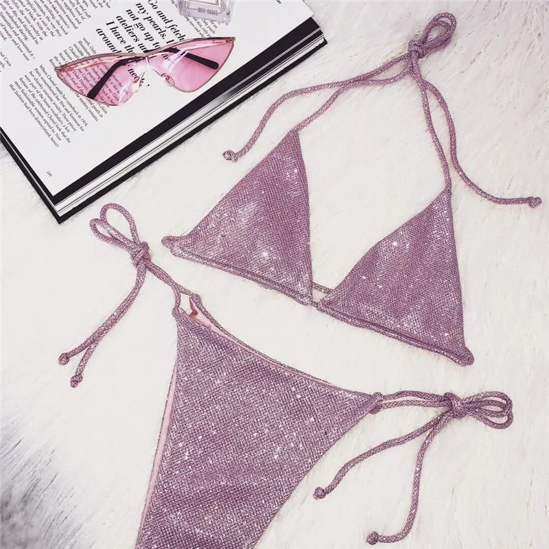 

Pink Mesh Micro Bikini Thong Set Sexy Pool Party Swim Suit Mini Brazilian Bikini