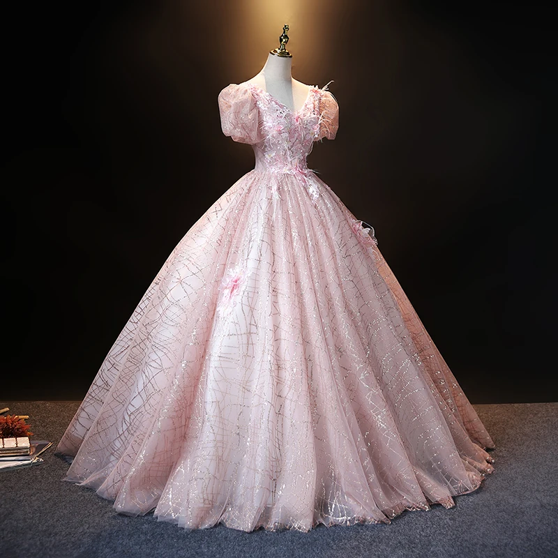 

vintage bubble sleeve pink embroidery beading queen ball gown princess/Medieval Victoria Ball stage performance/event/studio