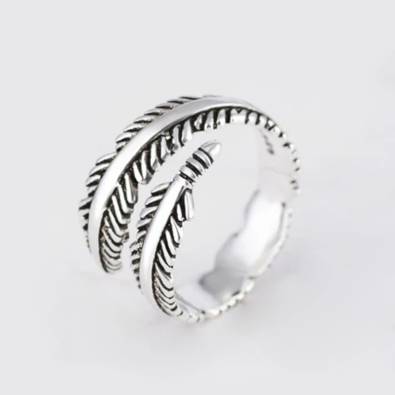 

2 Styles Bijoux Real 925 Sterling Silver Feather Adjustable Ring For Fashion Women Party Vintage Fine Jewelry Accessories Gifts