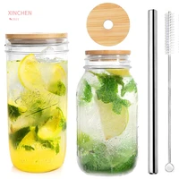 glass cup mason jar cups with bamboo lids stainless steel straws retro drinking glass reusable smoothie cup for bubble tea