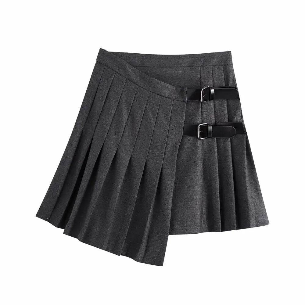 

XNWMNZ Za women 2020 box pleat High-waist mini skirt Side fastening with contrast buckles and inside button Sexy vintage skirts