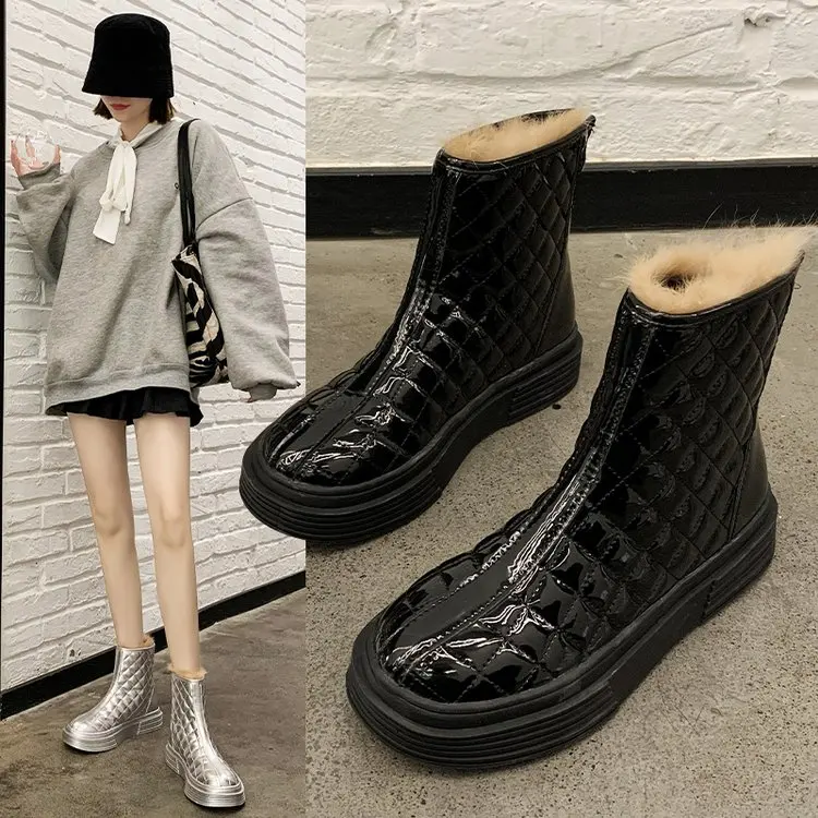 

Antiskid Snow Boots,Women's Winter Platform Warm Fur Cotton Shoes,Round Toe,Thick Sole, 2021Female Footware,Black, ,Silver