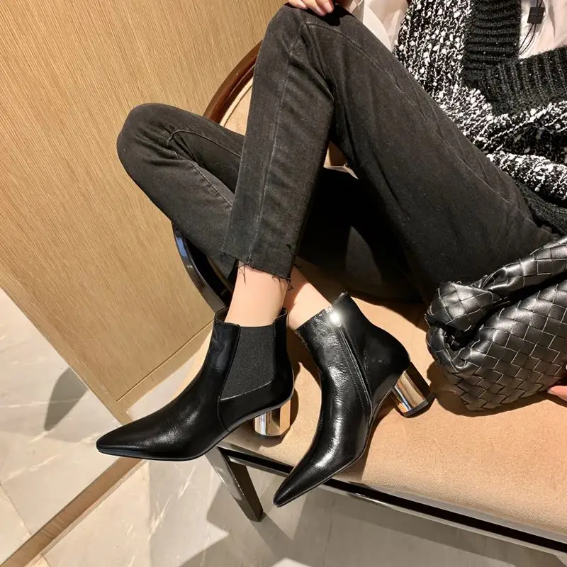 

ALLBITEFO Sexy Pointed Toe Soft Genuine Leather Ankle Boots Autumn Winter Shoes Party Fashion Women Boots Women Heels Shoes