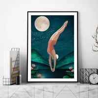 bedroom wall art decor abstract posters and prints girl diving canvas painting round moon picture nordic home decor no frame