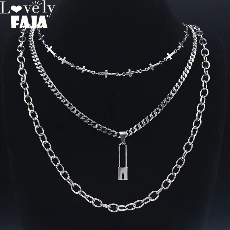 

Hip Hop Lock Cross Stainless Steel 3 Letter Layer Punk Pendant Necklace Women/Men Jewelry 2022 collier cadenas NXS03