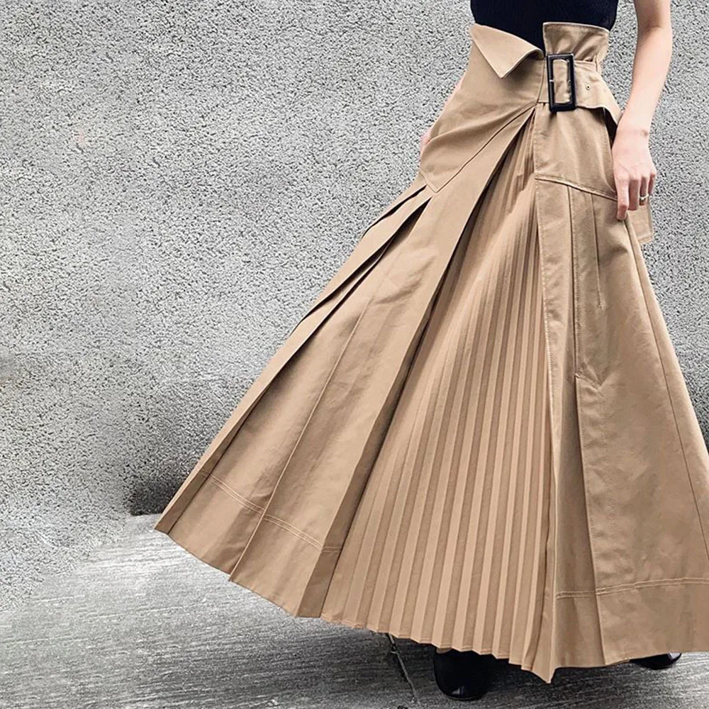 

SK0002 Fashion New Khaki Solid Adjustable-Waist Pleated Loose Skirt Womens High Street Asymmetrical Ankle-Length Skirts