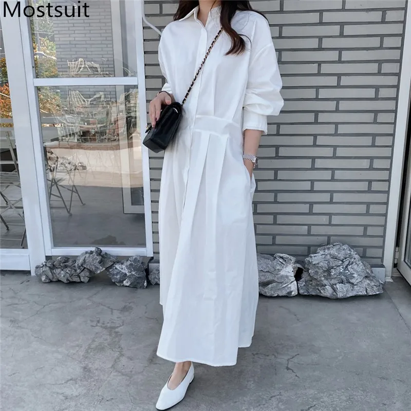 

2021 Autumn Korean Long Shirt Dress Women Full Sleeve Single-breasted Loose Waist Dresses Elegant Fashion Ladies Vestidos Femme