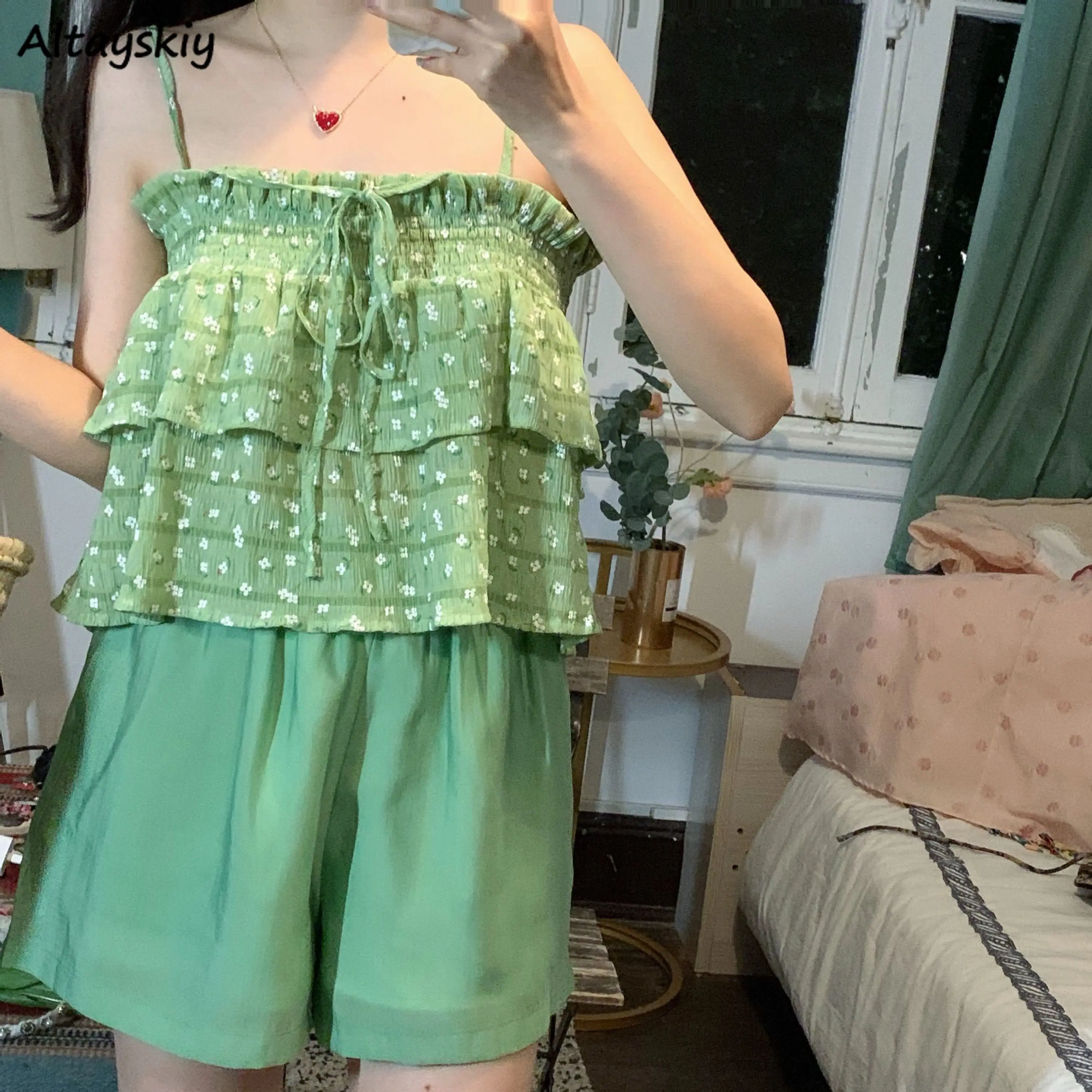 

Women Sets Green Print Bandage Sleeveless Tops Summer Soft All-match Fresh Shorts Korean Style Sweet Leisure Mujer Chic 2 Pieces