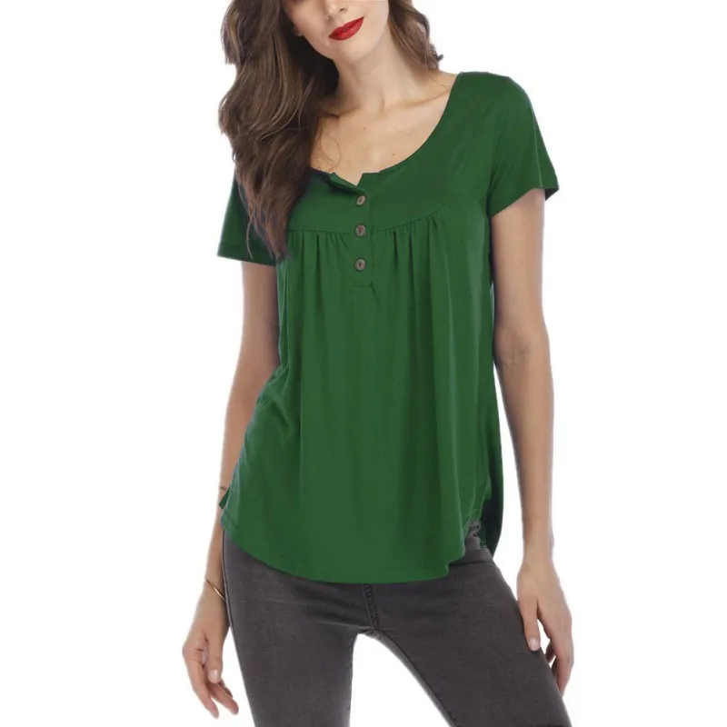 

ETOSELL Women Button T-Shirts Fashion Round Neck Loose Female Summer Tops Short-sleeved Casual Long T-shirt