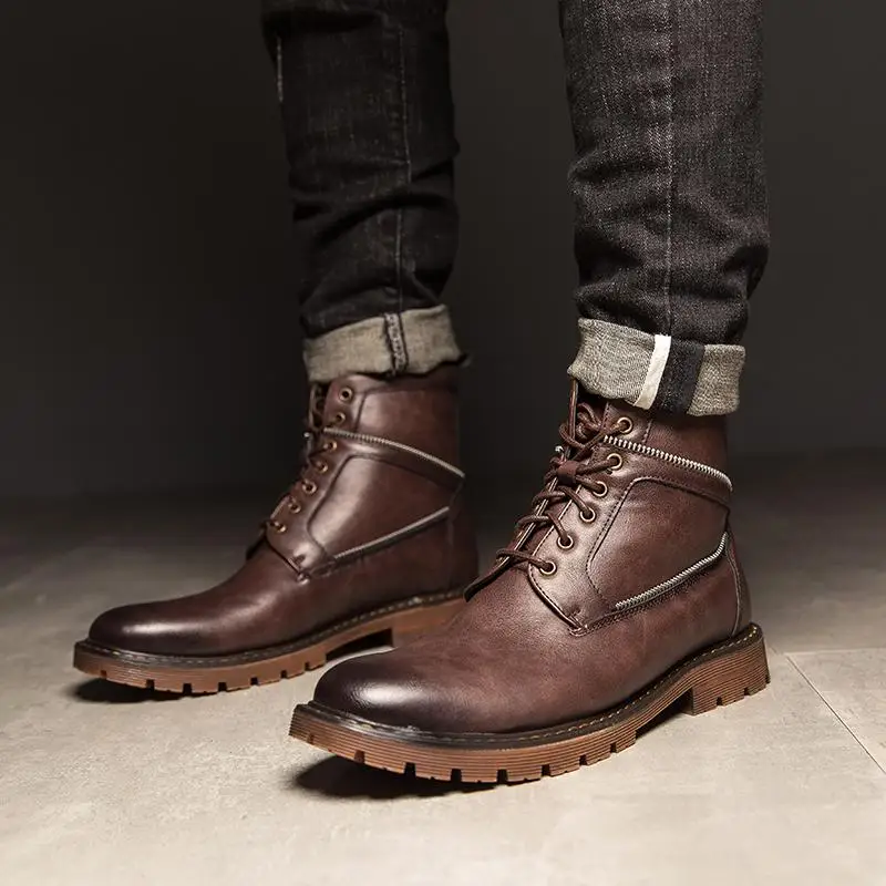 Fotwear; мужские ботинки; классические кожаные ботинки в байкерском стиле; мужская повседневная обувь; удобная прочная резиновая подошва - Цвет: Brown