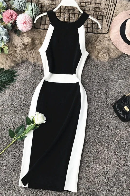 

2021 Casual Women Dress Knitted O Neck Sleeveless White Stripe Side Elegant Midi Dresses Bodycon Female Vestidos