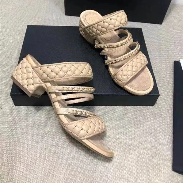 

Genuine Leather Slides sandals Decor High Heels Narrow Bands Design Mental Chain Slippers Chic Shoe Luxury Brand Shoes for Women