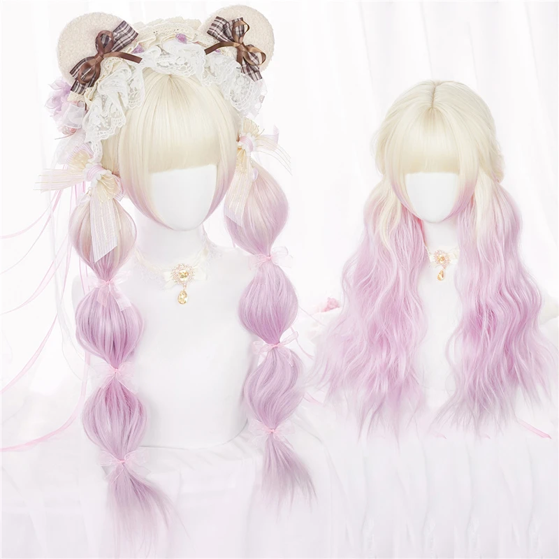 

Lolita Long Ombre Natural Wave Curly Harajuku Wigs with Bangs Heat Resistant Synthetic Hair Cute Girl Daily Party Cosplay Wig