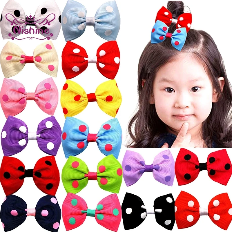 

Nishine 5pcs/lot 8*5 CM Wave Point Grosgrain Ribbon Bowknot Baby Girl Bangs Hairpins DIY Handmade Bows Duckbill Clip Photo Props