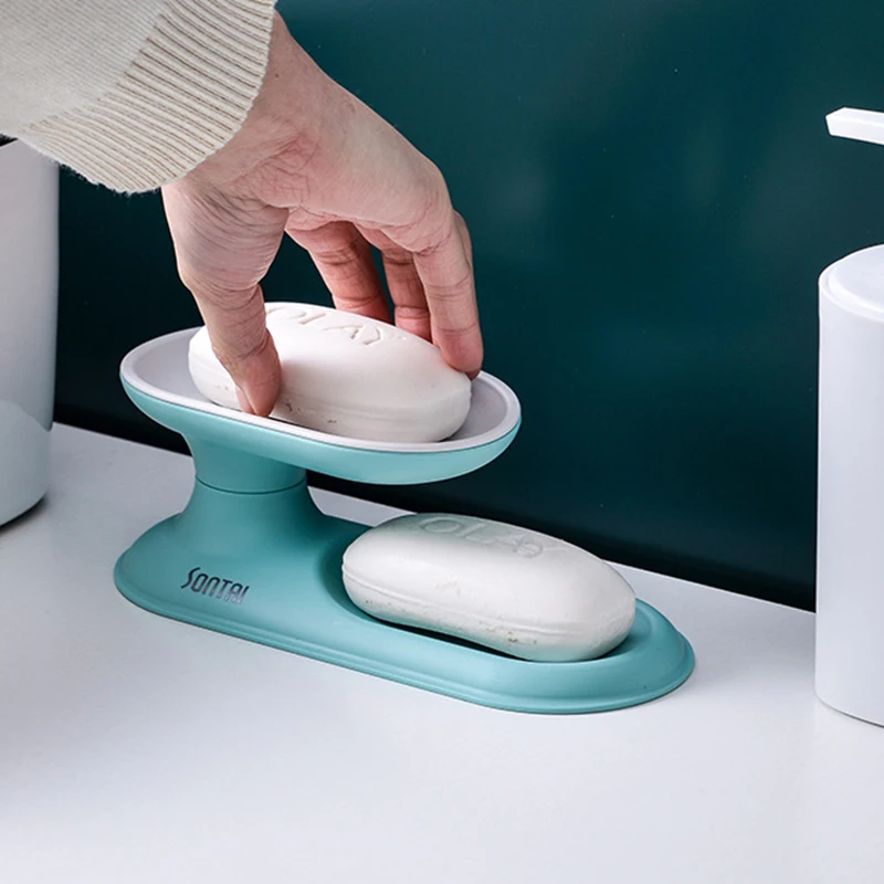 Nordic Double Layer Rotatable Soap Dish Drain Rack Bathroom Storage Organizer Kitchen Accessories Rectangular Soap Holder Box