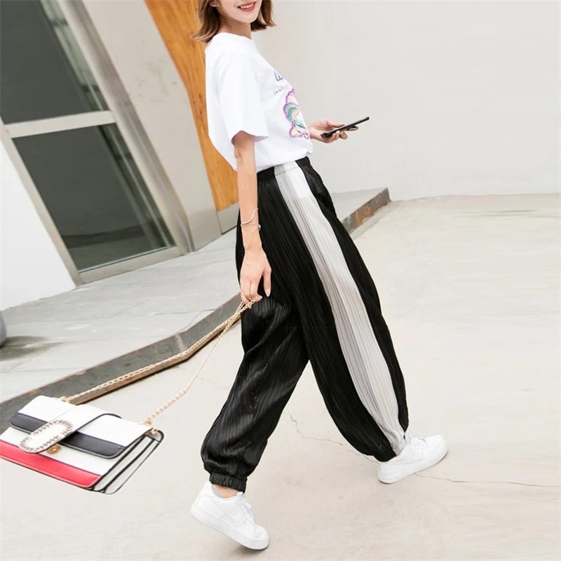 

Summer Contrast Color Loose Pleated Ankle Banded Pants Women Plus Size Elastic Waist Sweatpants 2021 Hip Hop Pants Female