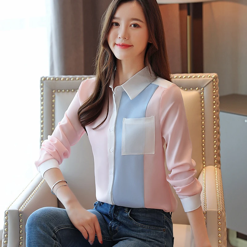 Корейские женщины моды топы и блузки шифон офис леди женские рубашки дамы