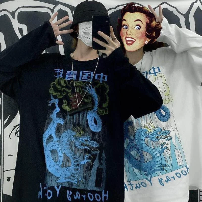 

T-shirt Men And Women Dark Wind High Street Chinese Dragon Printing Couple Pure Cotton Bottoming Shirt Loose Long Sleeves