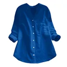 Рубашка женская с длинным рукавом, блузка из хлопка и льна, однотонная Повседневная Туника с V-образным вырезом, на пуговицах, на весну