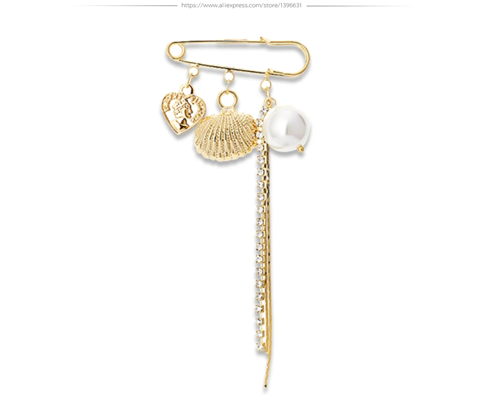 Yhpup Trendy Copper Charm Metal Shell Tassel Brooches Imitation Pearls Round Portrait Zirconia Exquisite Brooch Pins for Women