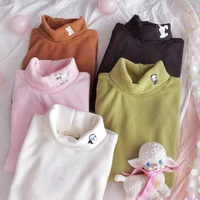women long sleeve t shirts embroidery half turtleneck solid simple basic fleece warm soft korean casual all match daily wear