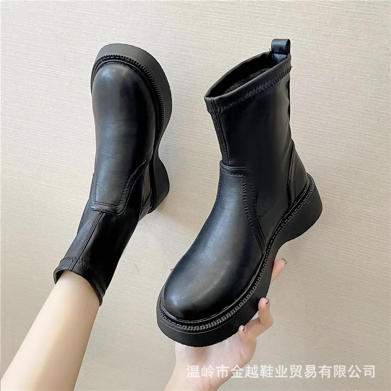 

Женские ботильоны на платформе, черные ботинки из искусственной кожи без застежек, на толстой подошве, зимняя обувь, 2021