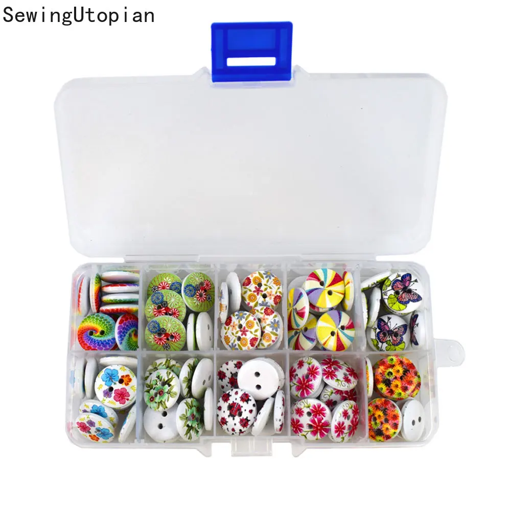

120PCS 2 Hole Printing Flowers Round Wood Buttons Home Clothing Decor Sewing Scrapbooking Card Making DIY 15mm
