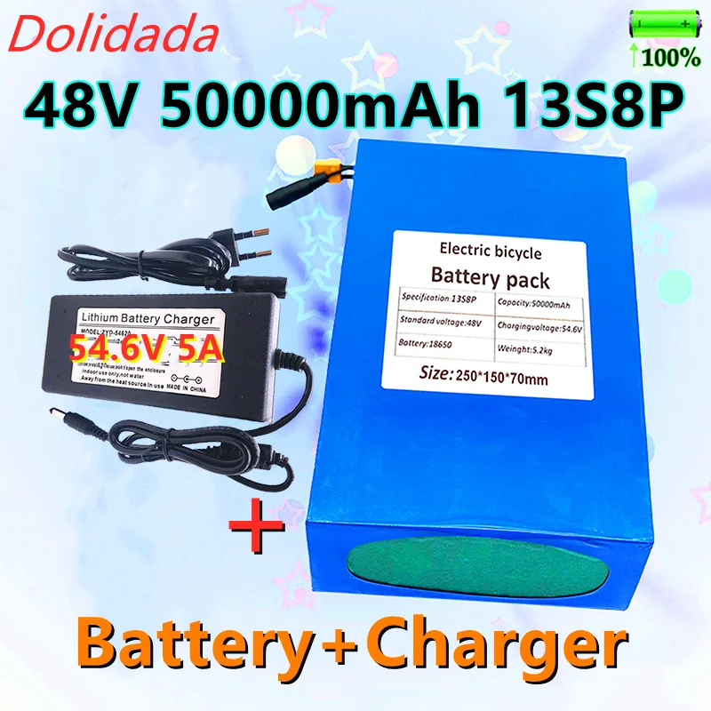 

New 48V 50000mAh battery 18650 13S8P lithium battery pack 1000W electric bicycle battery built-in 50A BMS with 5A charger