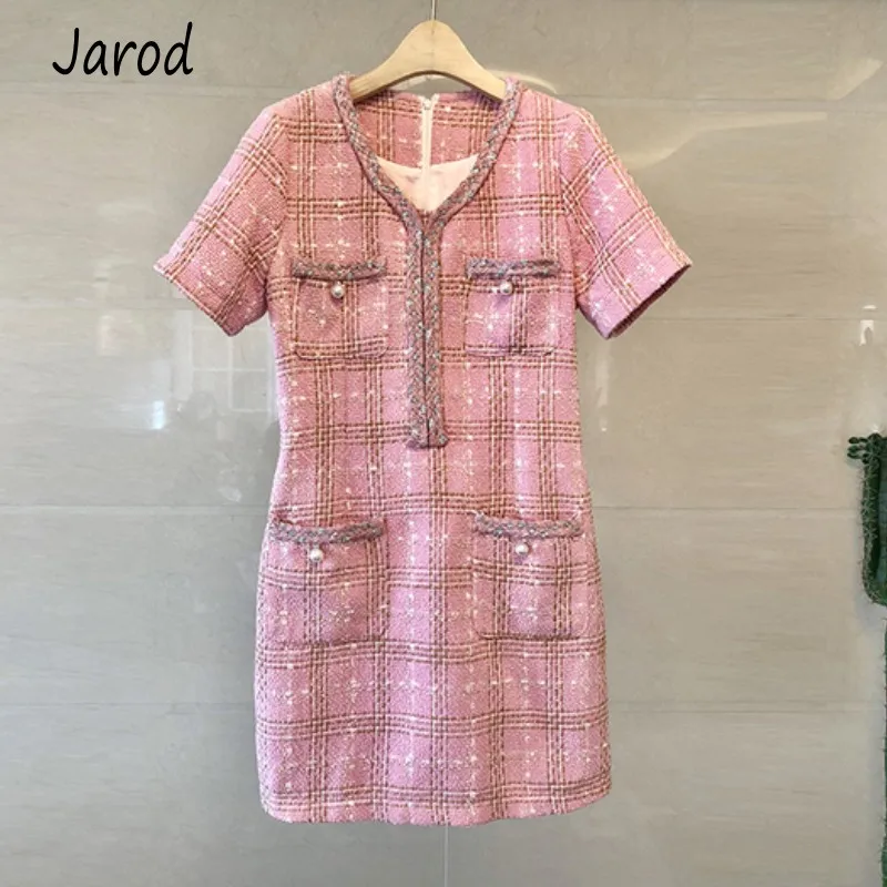 Женское твидовое платье с коротким рукавом Элегантное повседневное облегающее