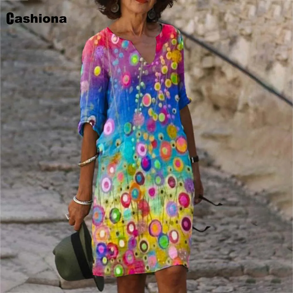 

Vintage 2021 Summer Short Dress Plus Size Women Bohemian Print Party Dresses Half Sleeve V-neck Loose Chic Dress Femme 3xl