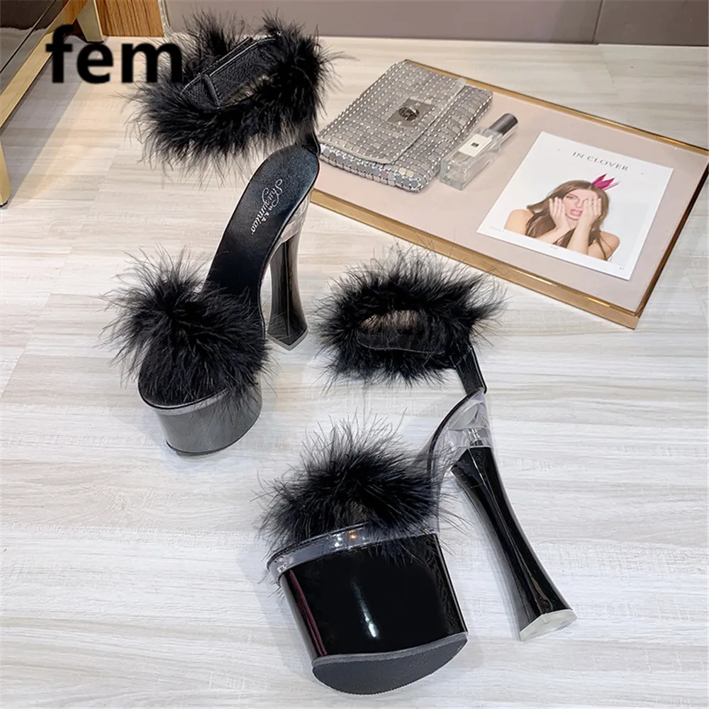 

Fluffy Sandals Peep Toe Ankle Trap Chunky Heels Hoop Loop Shoes Women Fur Sandals High Heels Platform Shoes Adorable Party Shoes