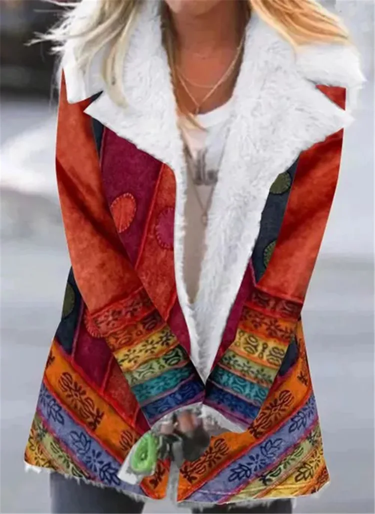 

New printed long-sleeved lapel plush jacket