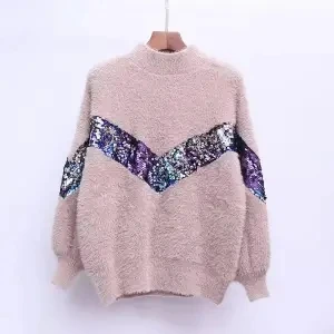 

2020 New Women's Sweater Autumn And Winter New Fashion Half-high Collar Mohair Embroidery Sequins Lantern Sleeve Sweater