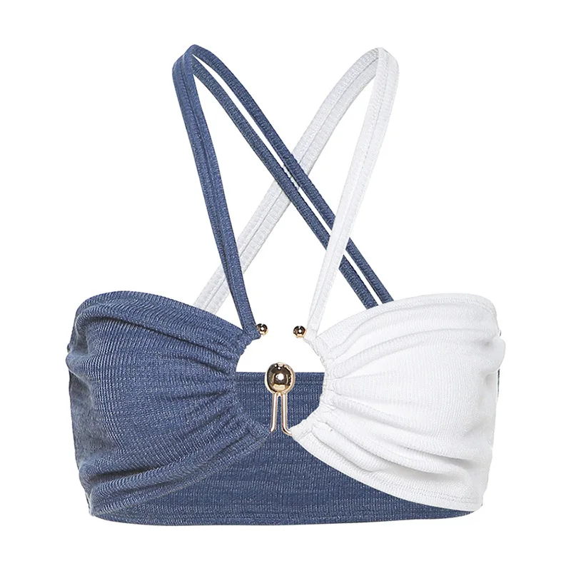 

Women Sexy V Neck Hollow Out Pacthwork Halter Spaghetti Strap Sleeveless Backless Crop Top Tank Top Vest Elegant OL Ins Top