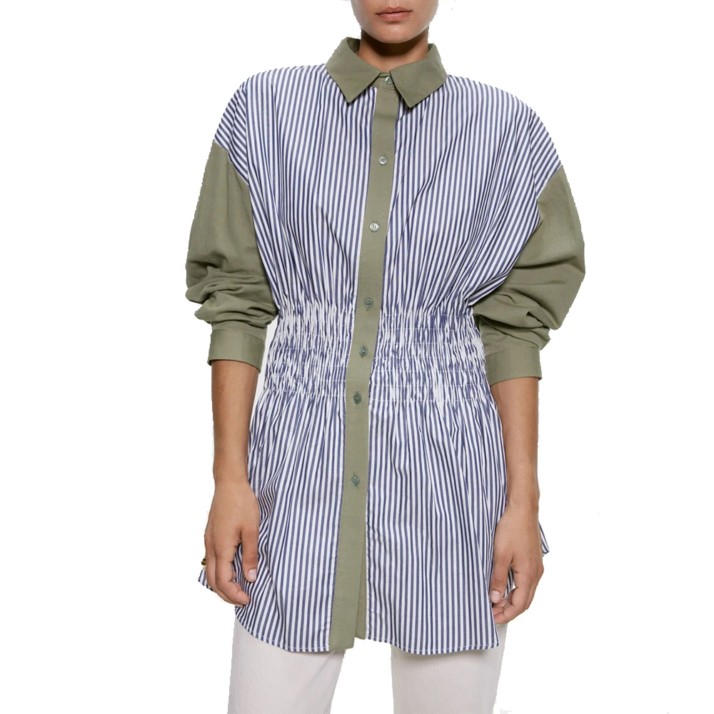 2019 za женские модные блузки Лоскутные воротник с отворотом Женская Полосатая