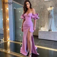 verngo lilac soft satin mermaid prom dresses 2021 sweetheart short puff sleeves pleats side slit sexy long formal evening gowns