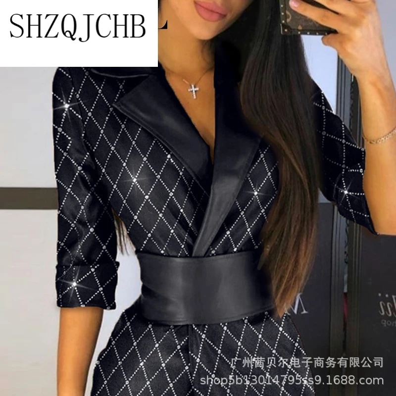 

JCHB Women's Autumn Winter Long PU Leather Coat Lapel Collar Mid-length Sleeve Ladies Dress Leather Jacket with Belt Outwear